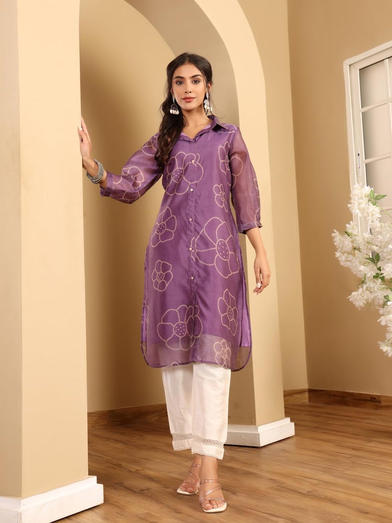 Varanga Women Premium Bandhani Floral Printed Shirt Kurta Purple - Image 2