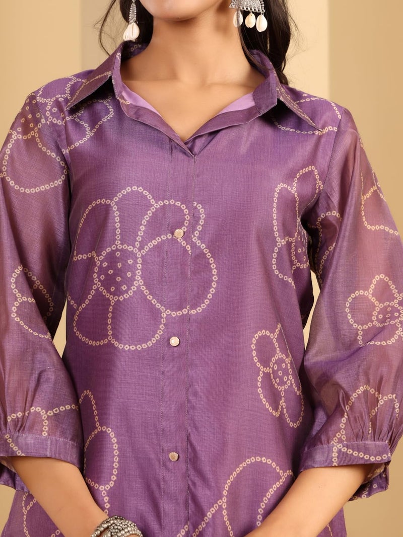 Varanga Women Premium Bandhani Floral Printed Shirt Kurta Purple - Image 5