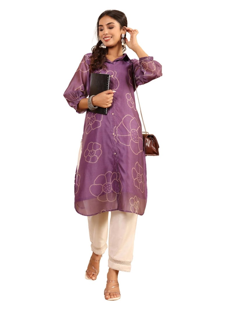 Varanga Women Premium Bandhani Floral Printed Shirt Kurta Purple - Image 1