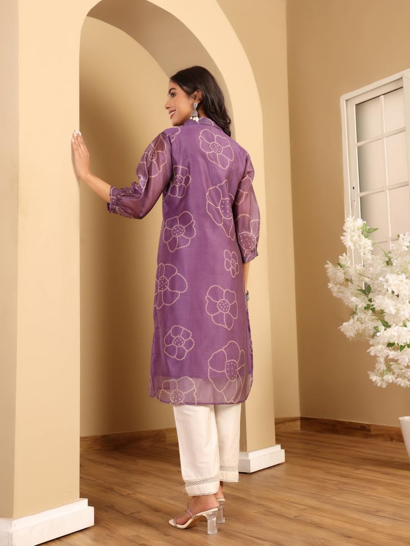 Varanga Women Premium Bandhani Floral Printed Shirt Kurta Purple - Image 4