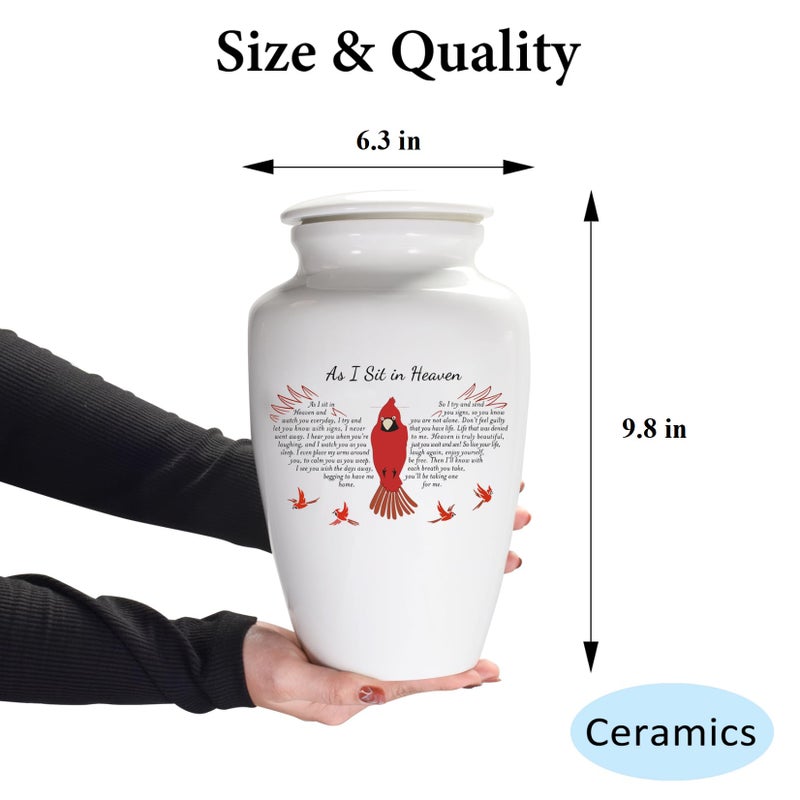 SOITIS Urns for Human Ashes Decorative Urns for Adult Human Ashes Ceramics Cremation Urns Adult Size Large up to 220lbs-White Urns with Red Bird - Image 2
