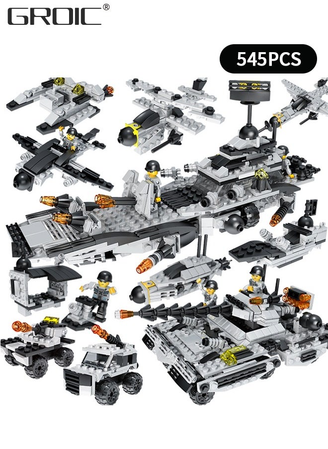 GROIC 545Pcs Battleship Building Blocks Set, 8-in-1 Naval Battleship Model Building Toy Compatible Bricks Kit with Army Vehicles, Helicopter, Jet & Boats,STEM Construction Toy Gift  - Image 1