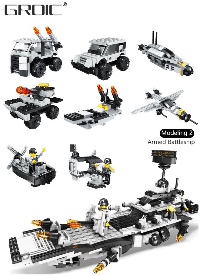 GROIC 545Pcs Battleship Building Blocks Set, 8-in-1 Naval Battleship Model Building Toy Compatible Bricks Kit with Army Vehicles, Helicopter, Jet & Boats,STEM Construction Toy Gift  - Image 5