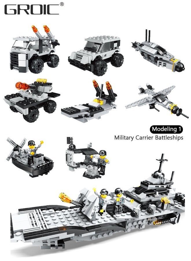 GROIC 545Pcs Battleship Building Blocks Set, 8-in-1 Naval Battleship Model Building Toy Compatible Bricks Kit with Army Vehicles, Helicopter, Jet & Boats,STEM Construction Toy Gift  - Image 3