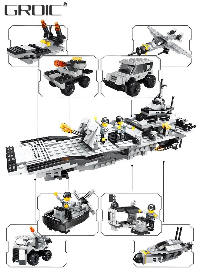 GROIC 545Pcs Battleship Building Blocks Set, 8-in-1 Naval Battleship Model Building Toy Compatible Bricks Kit with Army Vehicles, Helicopter, Jet & Boats,STEM Construction Toy Gift  - Image 2