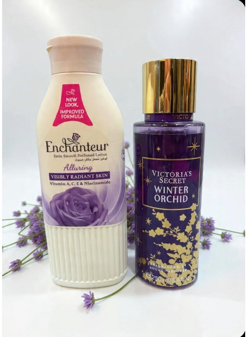 لوشن إنشانتور المعطر الجذاب 250 مل + بخاخ فيكتوريا سيكريت برائحة الأوركيد الشتوية 250 مل