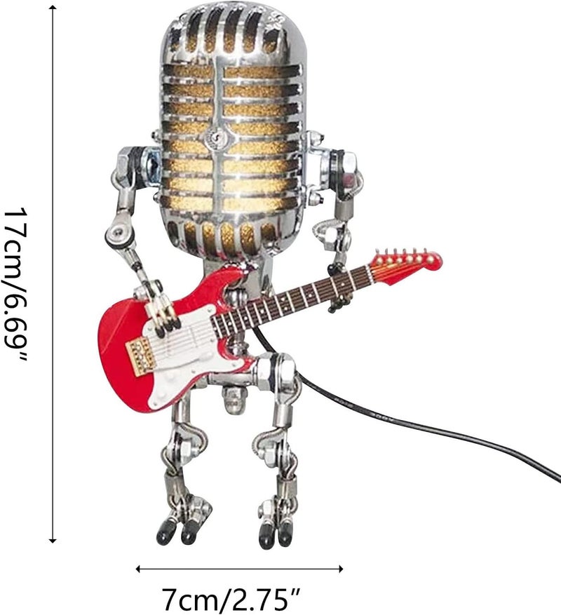 comfrt Vintage Microphone Robot Desk Lamp, Metal Microphone Robot Lamp with Mini Guitar, Vintage Light Home Decor Nightstand Desk Lamp for Bedroom, Bar, Restaurant - Image 5