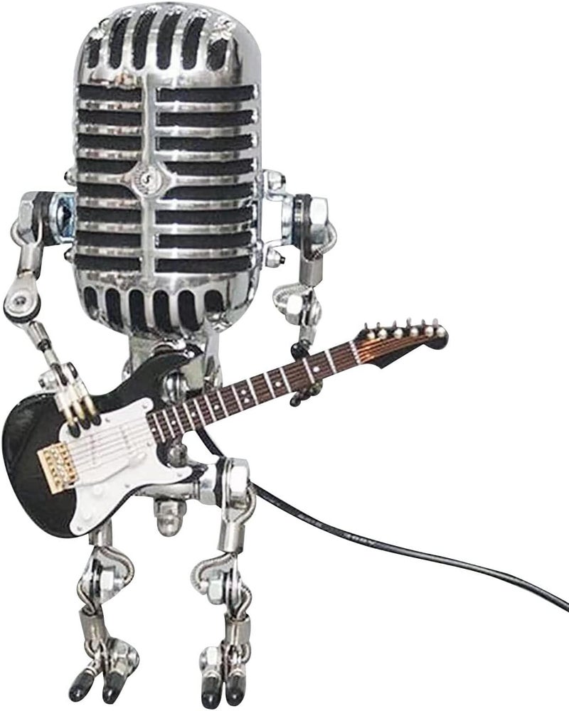 comfrt Vintage Microphone Robot Desk Lamp, Metal Microphone Robot Lamp with Mini Guitar, Vintage Light Home Decor Nightstand Desk Lamp for Bedroom, Bar, Restaurant - Image 4