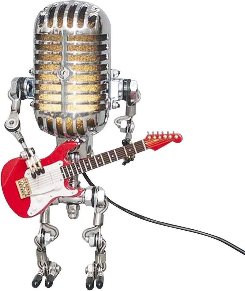 comfrt Vintage Microphone Robot Desk Lamp, Metal Microphone Robot Lamp with Mini Guitar, Vintage Light Home Decor Nightstand Desk Lamp for Bedroom, Bar, Restaurant - Image 2