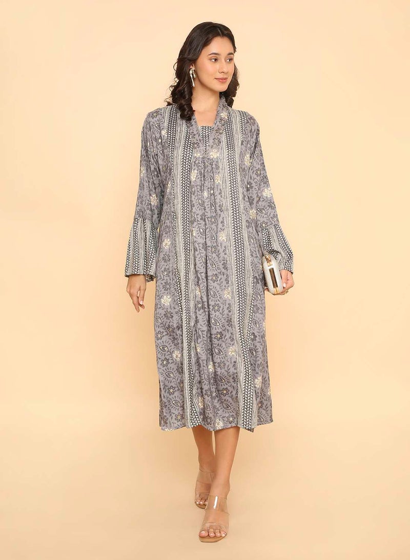 HANA & SARA Muted Grey Arabic Jalabiya with Detailed Geometric & Floral Print - Image 1