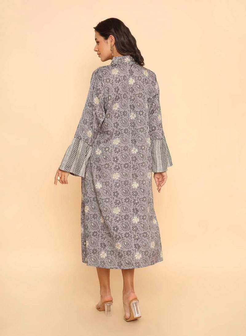 HANA & SARA Muted Grey Arabic Jalabiya with Detailed Geometric & Floral Print - Image 2