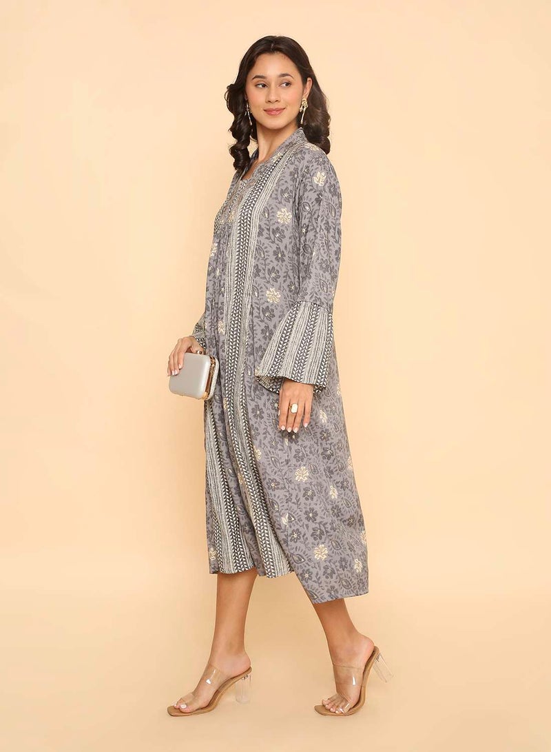 HANA & SARA Muted Grey Arabic Jalabiya with Detailed Geometric & Floral Print - Image 5