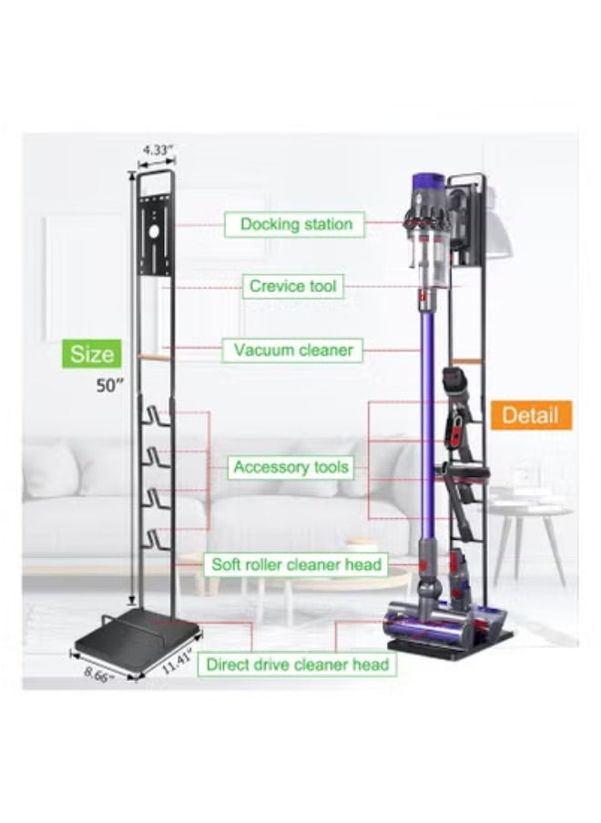 ريون حامل مكنسة كهربائية - حامل مكنسة كهربائية بعجلات لـ Dyson V15 V11 V10 V8 V7 V6 - حامل أرضي معدني متوافق مع T30 T20 V12 V11 V10 بدون رف تخزين فراغ الحفر (أسود).  - Image 2