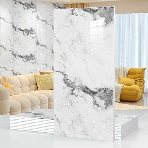 Chejiaye 10pcs Thick Marble Peel and Stick Waterproof Wall Panels,Heat-Resistant Backsplash Tile, 23.6"x11.8" PVC Foam Wall Sticker for Kitchen,Living Rooms,TV Walls,Grey White (Not Real Tile 19.4Sq. Ft.) - Image 1