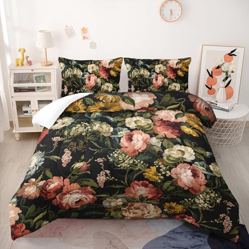 Nttopship Black Floral Comforter Set Queen Colorful Floral Bedding Sets 3PCS for Kids Teen Adult Flowers Leaves Room Decor UltraSoft Lightweight Microfiber 1 Comforter with 2 Pillowcases - Image 3