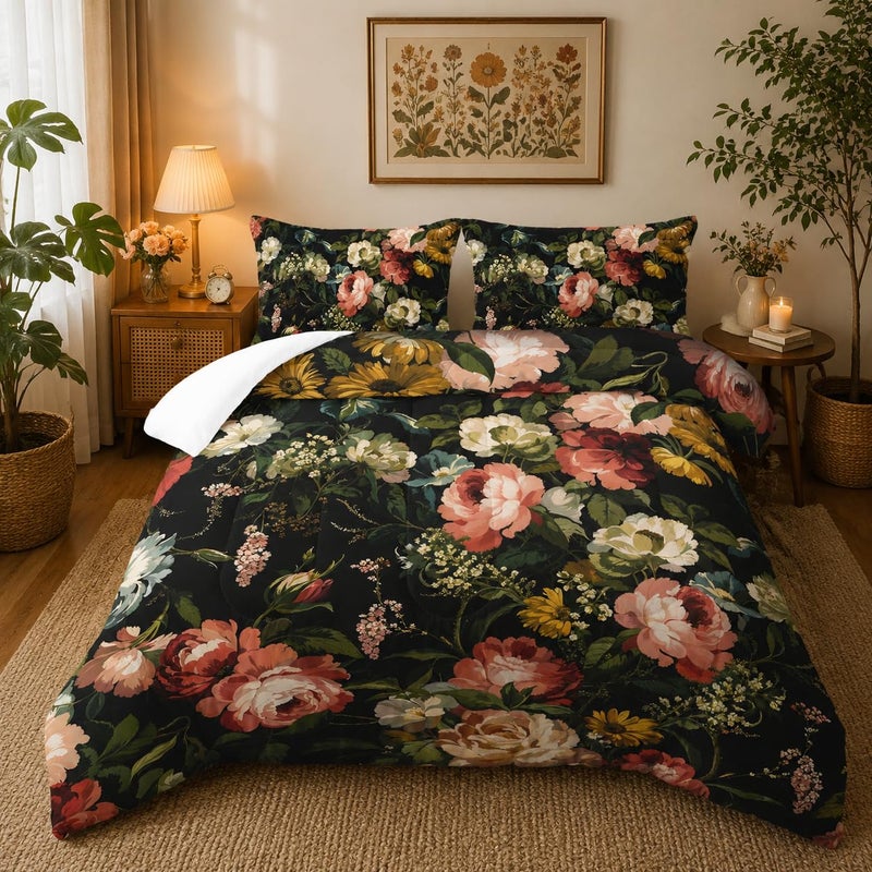 Nttopship Black Floral Comforter Set Queen Colorful Floral Bedding Sets 3PCS for Kids Teen Adult Flowers Leaves Room Decor UltraSoft Lightweight Microfiber 1 Comforter with 2 Pillowcases - Image 2