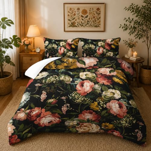 Nttopship Black Floral Comforter Set Queen Colorful Floral Bedding Sets 3PCS for Kids Teen Adult Flowers Leaves Room Decor UltraSoft Lightweight Microfiber 1 Comforter with 2 Pillowcases - Image 1