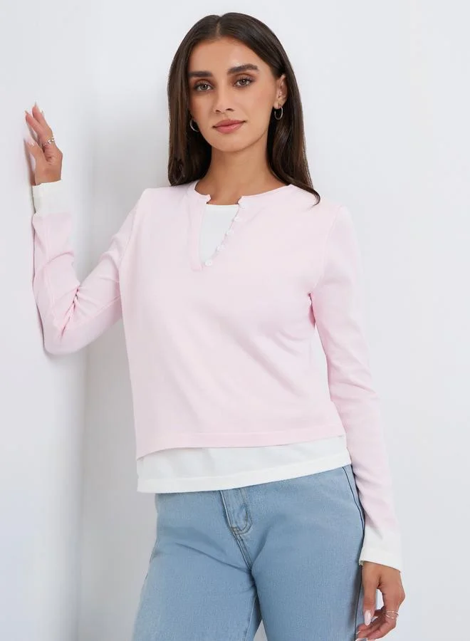 ستايلي بلوزة وردي بأكمام طويلة بتصميم 2 في 1