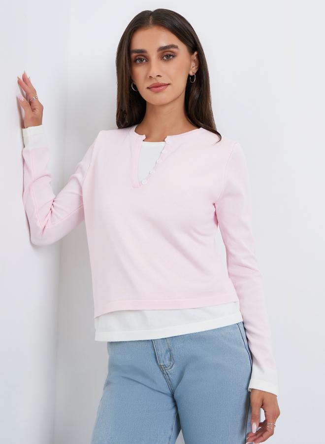 ستايلي بلوزة وردي بأكمام طويلة بتصميم 2 في 1 - Image 1