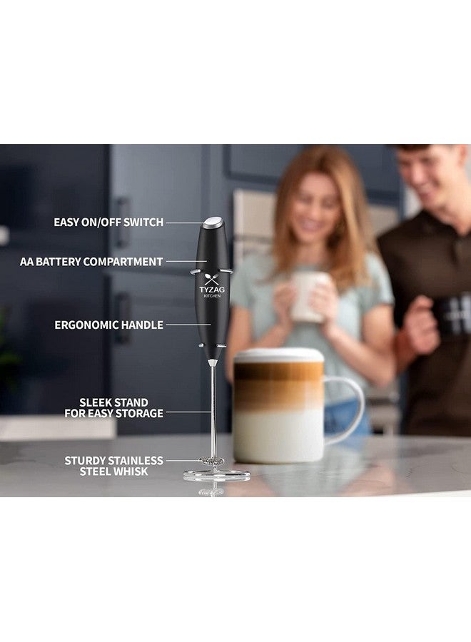 Tyzag Milk Frother for Coffee Included with Stainless Steel Stand, 2AA Cell, Improved High Speed Motor 19000 RPM, Coffee Frother Handheld Foam Maker for Lattes, Cappuccino, Frappe, Matcha (Black) - Image 2