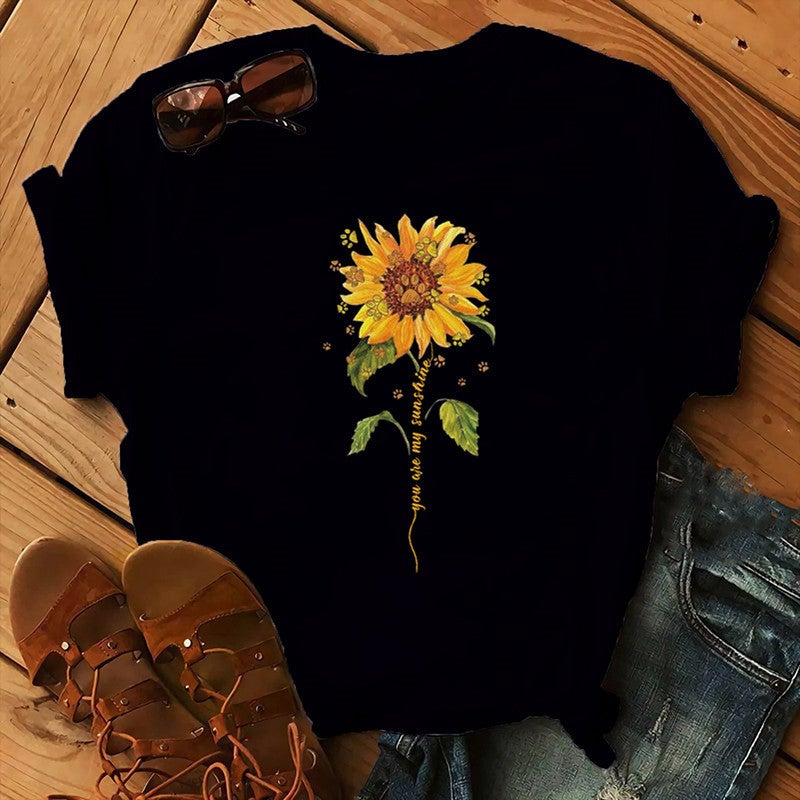 2020 AliExpress wish ebay Amazon foreign trade independent station womens Christmas Animal Flower short sleeve Black 