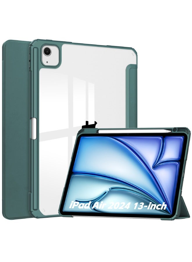 Hybrid Slim Case for iPad Air 6th Generation 13-inch (2024), Trifold Stand Tablet Case with Apple Pencil Holder, Auto Wake Sleep, Smart Magnetic Cover Clear Acrylic Back Shockproof Cover, Green - Image 1