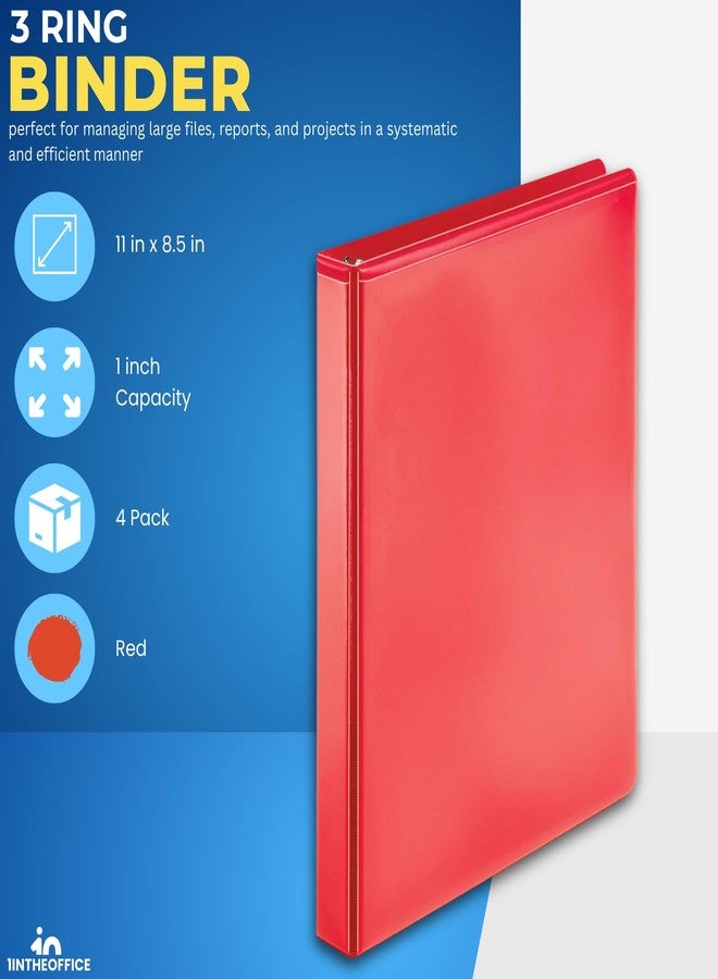 1InTheOffice 3 Ring Binder, Round Ring Binder, Clear Overlay & Labeling Area, 1" Capacity, 11" x 8.5", Red, 4 Pack - Image 2