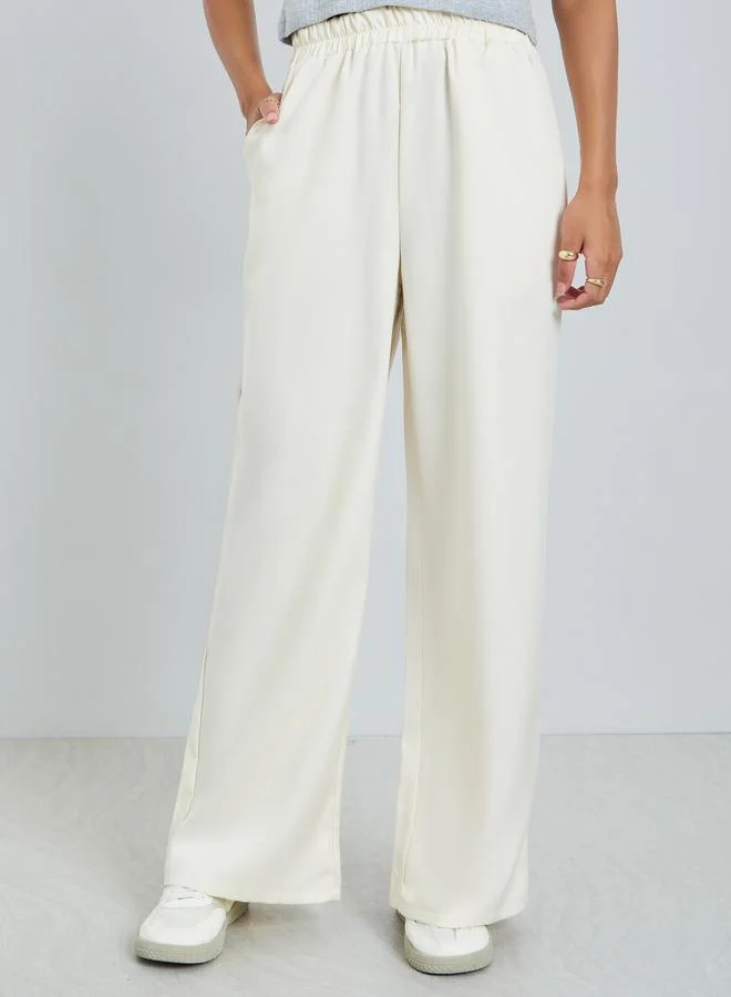 Styli Cream Wide Leg Pants with Pocket