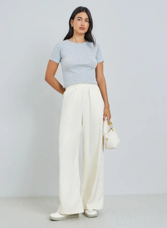 Styli Cream Wide Leg Pants with Pocket