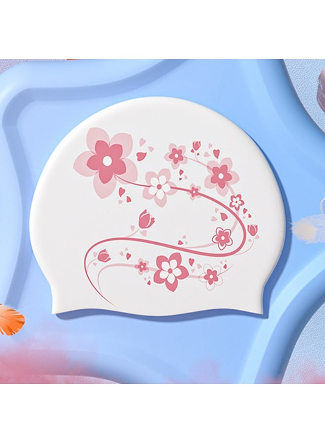 Women Girls Silicone Swim Cap, Waterproof Flower Printed Long Hair Swimming Caps（flower）  - Image 2
