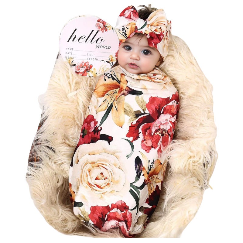 Galabloomer Receiving Blanket Headband Set Flower Print Baby Swaddle Blankets - Image 1