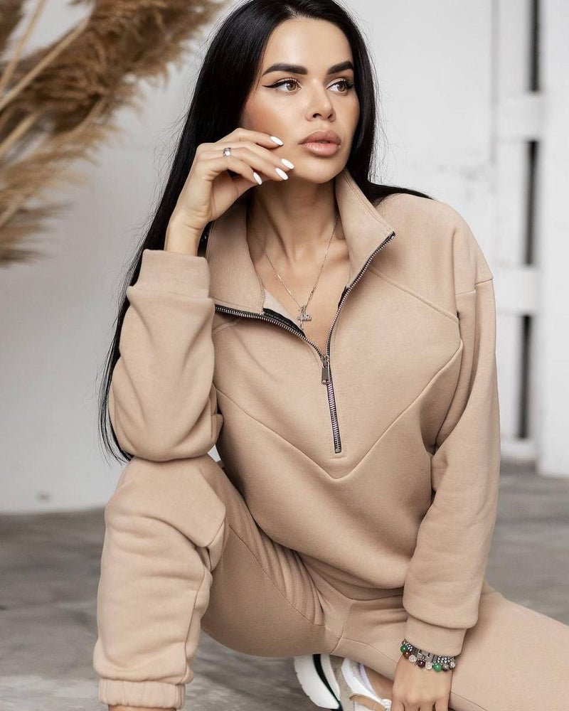 2023 cross-border spring and autumn fashion casual hooded sweater two-piece long sleeve solid color fleece skinny casual suit Khaki - Image 1