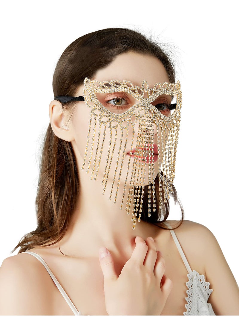 SYOSI Crystal Chain Mask, Rhinestone Cat Eye Fringe Masquerade, Rhinestone Fringe Masquerade Mask Chain, 1920s Masks for Masquerade Proms, Hallowmas Party, Photo Shoot  - Image 1