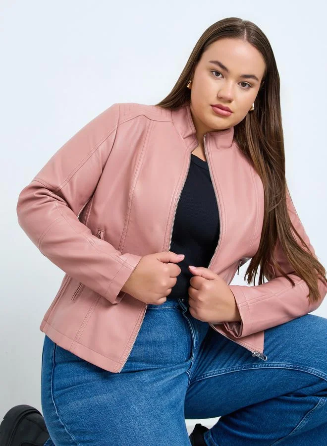 Take Two Plus Size Pink Faux Leather Zip-Up Jacket