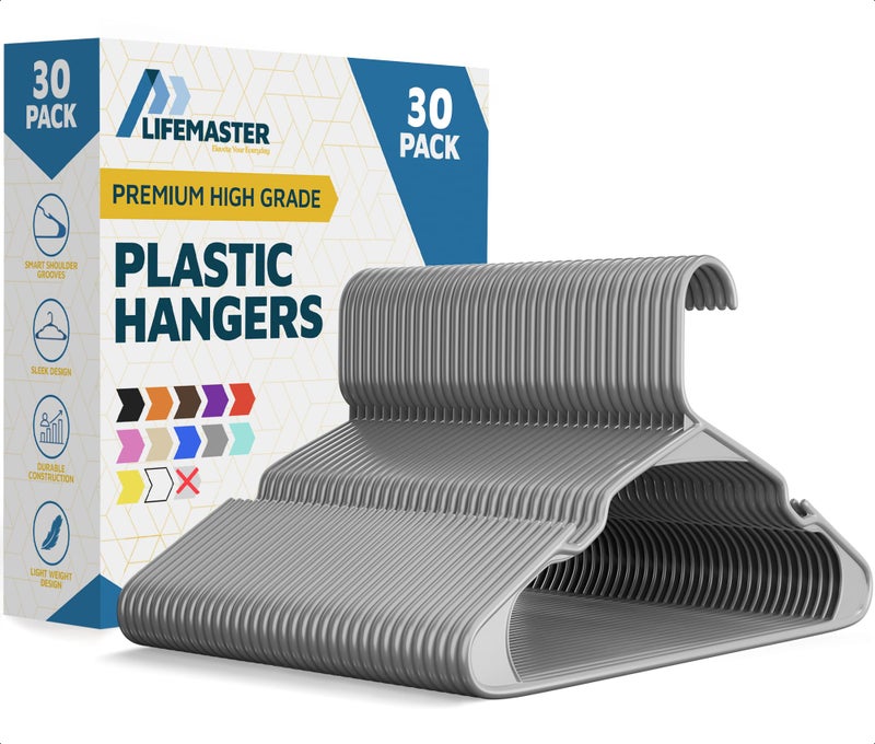 Lifemaster Plastic Clothes Hangers â€“ Heavy Duty Hanger Set, for Organizing Clothes, Dresses, and Coat, Holds Up to 5 lbs, Space-Saving Hangers with Non-Slip Shoulder Grooves, Pack of 30, Gray - Image 1