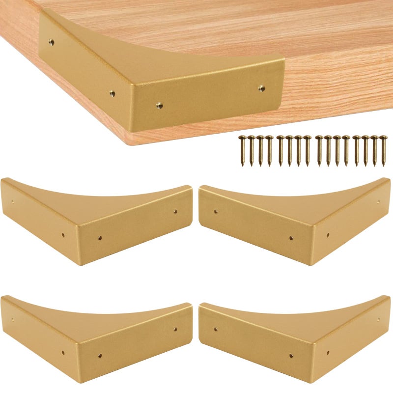 Foxwake Gold Box Corner Protectors Metal for Furniture Decorative Table Corner Brackets 256 Corner Cover Rustproof Zinc Alloy Desk Edge Corner Guard with Matching Nails 4Pcs