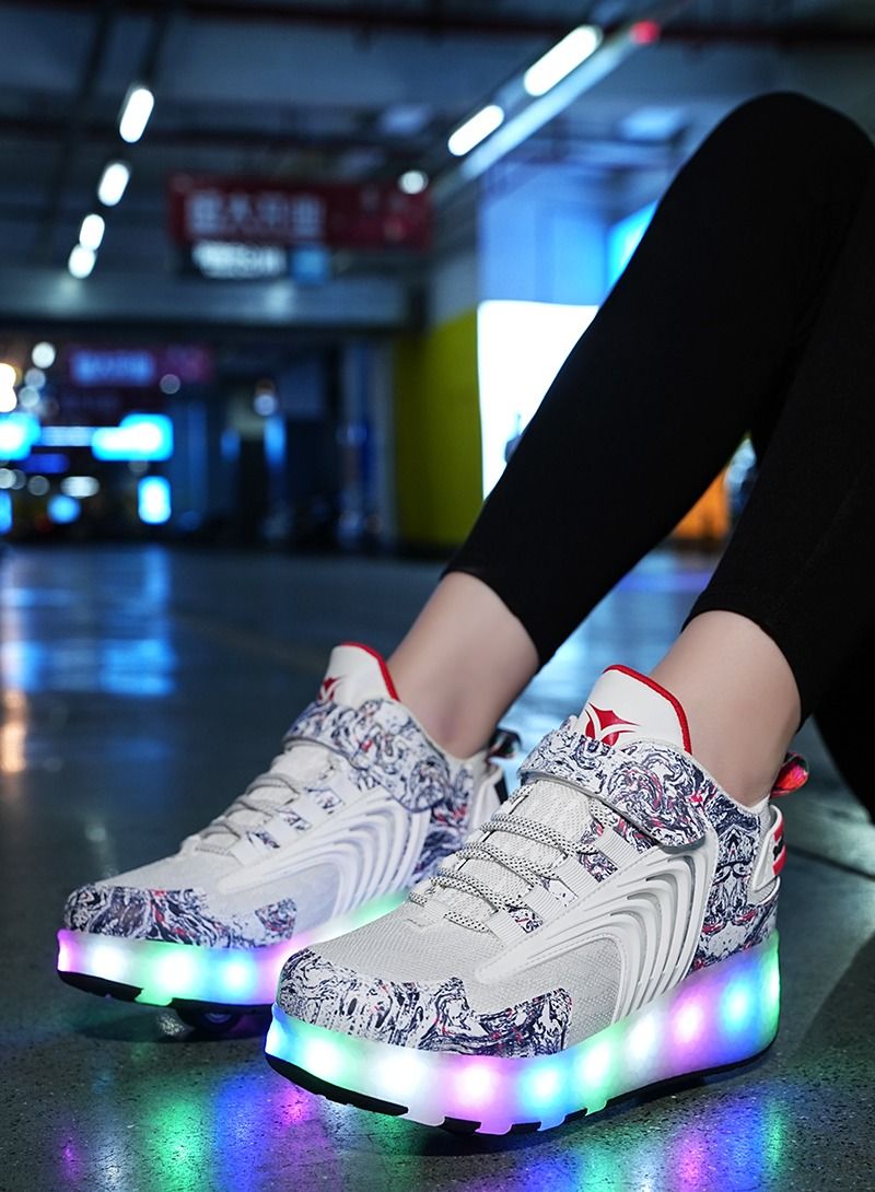 Loquat Rage Shoes For Boys And Girls Single And Double Wheel LED Flashing Lights Automatic Invisible Roller Skates White  - Image 1