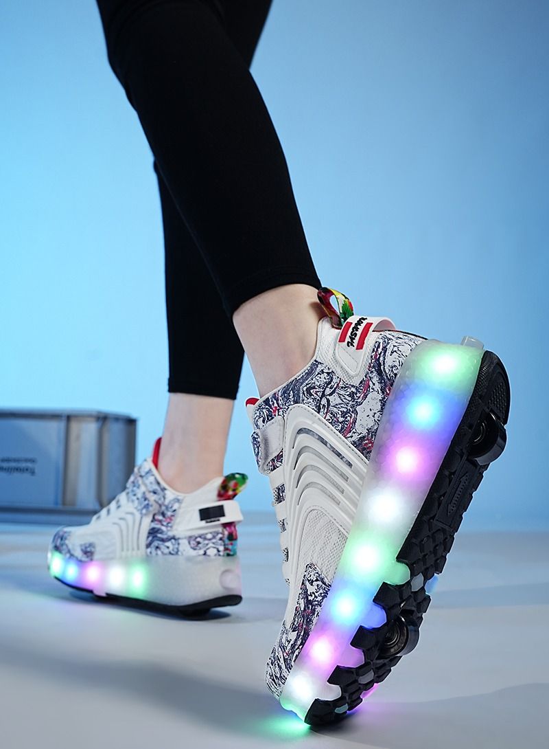 Loquat Rage Shoes For Boys And Girls Single And Double Wheel LED Flashing Lights Automatic Invisible Roller Skates White  - Image 2
