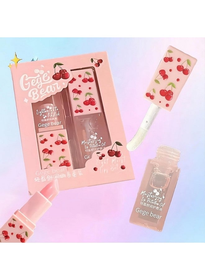 Gege Bear Nourishing Cherry Lip Set - Moisturizing Lip Oil and Balm for Glossy Lips, (2 count) - Image 2