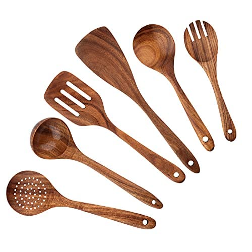 Meiyon Wooden Spoons for Cooking ,Non stick spatula utensil Set Non-stick cookware, Pan Kitchen Tool Wooden Spoons and Wooden spatula for cooking salad fork, Kitchen Utensils -6pcs - Image 3