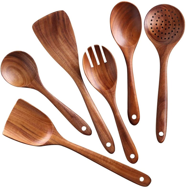 Meiyon Wooden Spoons for Cooking ,Non stick spatula utensil Set Non-stick cookware, Pan Kitchen Tool Wooden Spoons and Wooden spatula for cooking salad fork, Kitchen Utensils -6pcs - Image 1