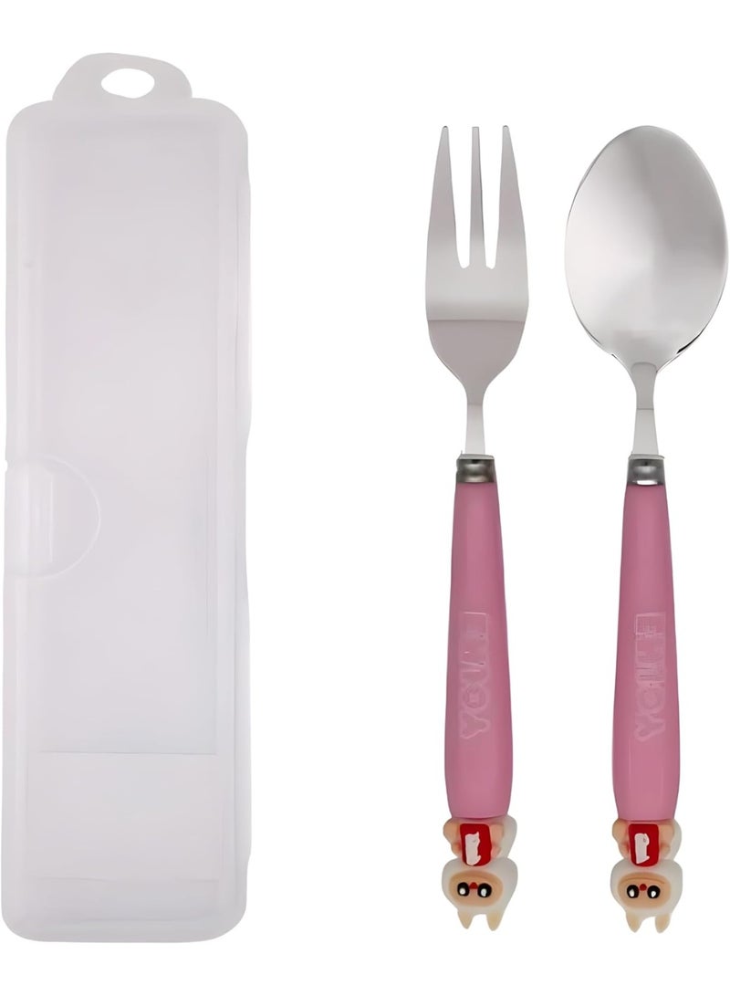BrainGiggles Doll Design Kids Cutlery Set with Case - 2-Piece Stainless Steel BPA Free Cutlery Set Includes Spoon, Fork and Case for Lunch Box, Picnic and Travel (Pink) - Image 1