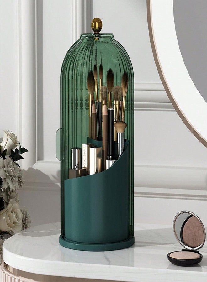 WREWING Birdcage Shape Makeup Brush Holder with Vertical Striped Cover, 360° Rotating Dust-Proof Organizer, Large Capacity Cosmetic & Toothbrush Storage for Vanity, Bathroom Countertop (Transparent Green) - Image 1