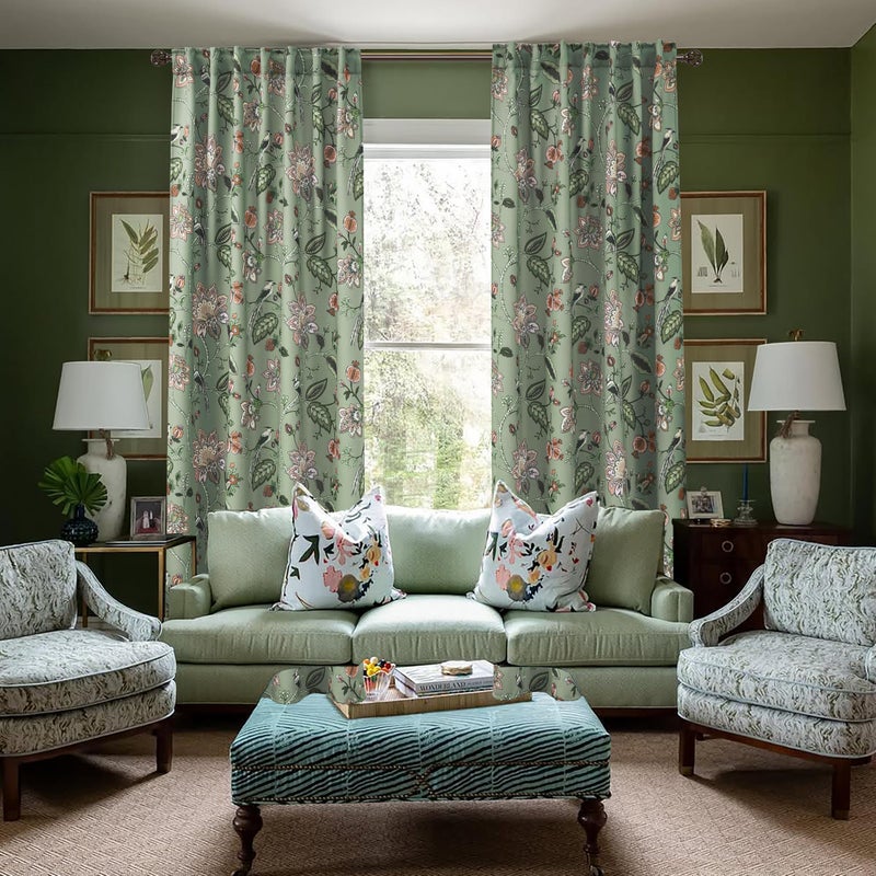 Lino Rosa Green and White Curtains 96 Inches Long 2 Panel Set for Bay Window,70% Blackout Eclectic Art Nouveau Print Floral Patterned Cool Ceiling to Floor Length Curtain Drapes for Living Room Sunroom - Image 5