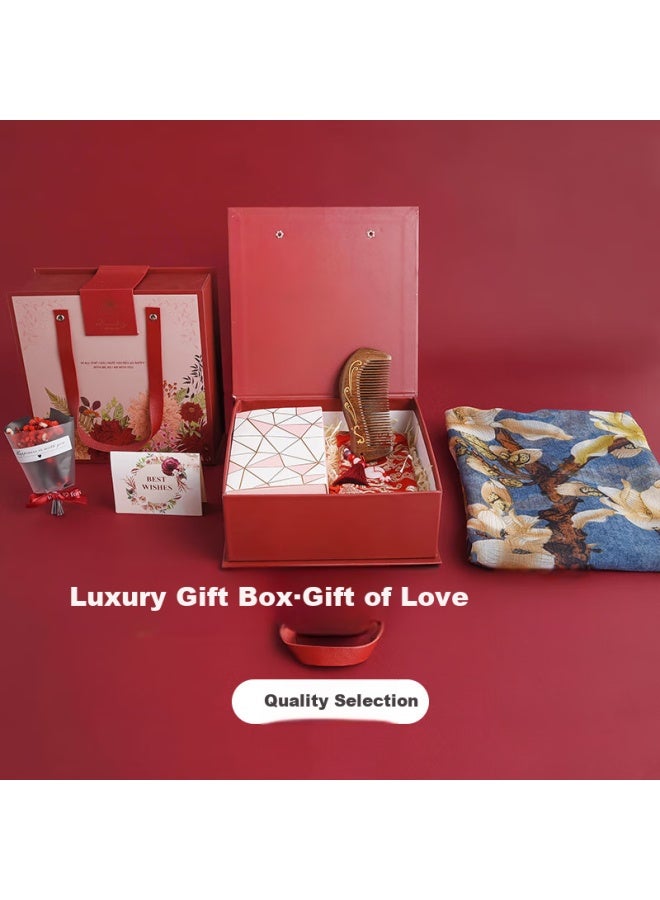Hang Silk House Hangsi Mansion Silk Scarf Gift Box For Women's Valentine's Day Gift Hand Gift Group Purchase Mother's Day Gift Blue Love + Comb  - Image 1