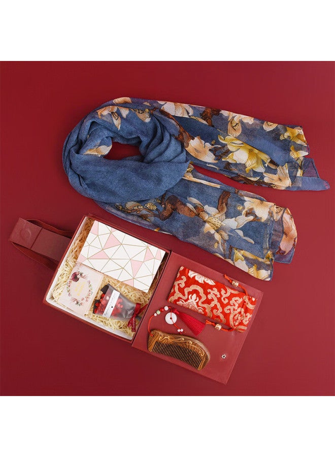 Hang Silk House Hangsi Mansion Silk Scarf Gift Box For Women's Valentine's Day Gift Hand Gift Group Purchase Mother's Day Gift Blue Love + Comb  - Image 3