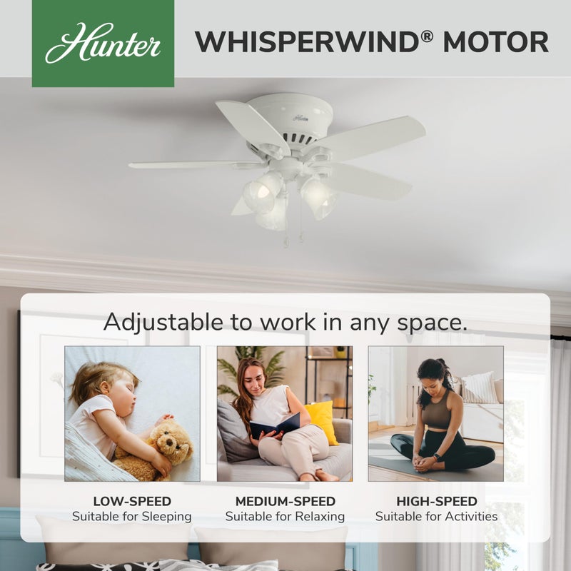 Hunter 42 inch Indoor Ceiling Fan with LED Lights - White Ceiling Fan with Pull Chain, For Bedroom, Living Room, or Kitchen, Low Profile Mount, No Remote, 5 Blades - Builder 51090, Snow White - Image 2