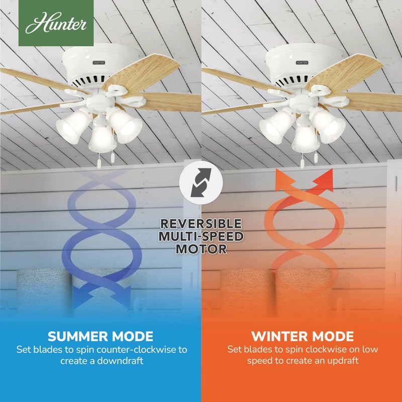 Hunter 42 inch Indoor Ceiling Fan with LED Lights - White Ceiling Fan with Pull Chain, For Bedroom, Living Room, or Kitchen, Low Profile Mount, No Remote, 5 Blades - Builder 51090, Snow White - Image 4