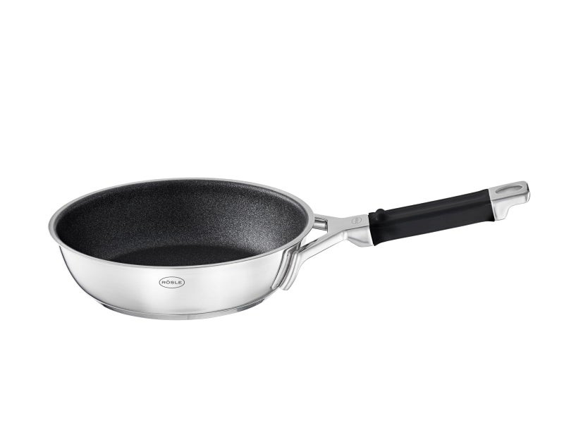 Rsle Silence Pro Frying Pan with ScratchResistant Premium NonStick Coating ProResist Silicone Handle 20 cm 1810 Stainless Steel Suitable for Induction Cookers Dishwasher Safe SilverBlack