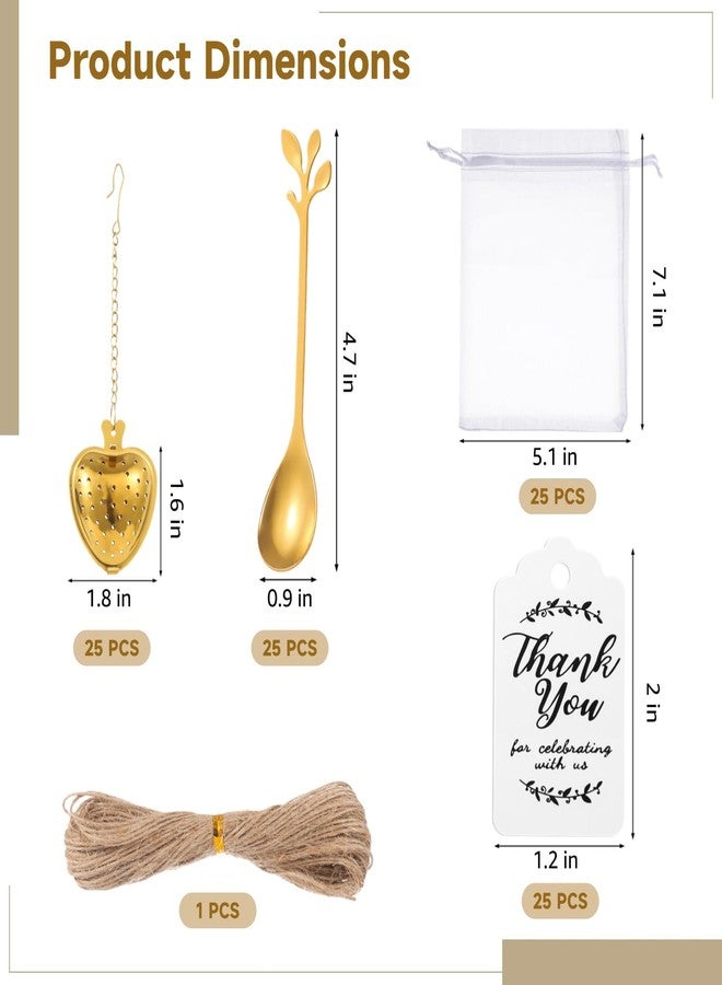 Homaisson 25 Sets Bridal Shower Tea Party Favor for Guest Leaf Tea Spoon Heart Shape Infuser Ball for Loose with Thank You Card Organza Bag Wedding Souvenir Gift(Gold) - Image 3